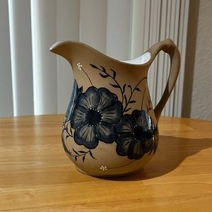 Vintage Hand Painted Blue Beige Floral Pitcher Signed Dated Decorative Art Piece